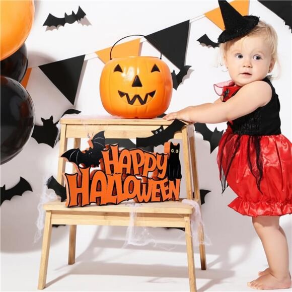 Halloween Table Decorations Happy Halloween Sign Black Cat Bat Tabletop - Picture 6 of 7